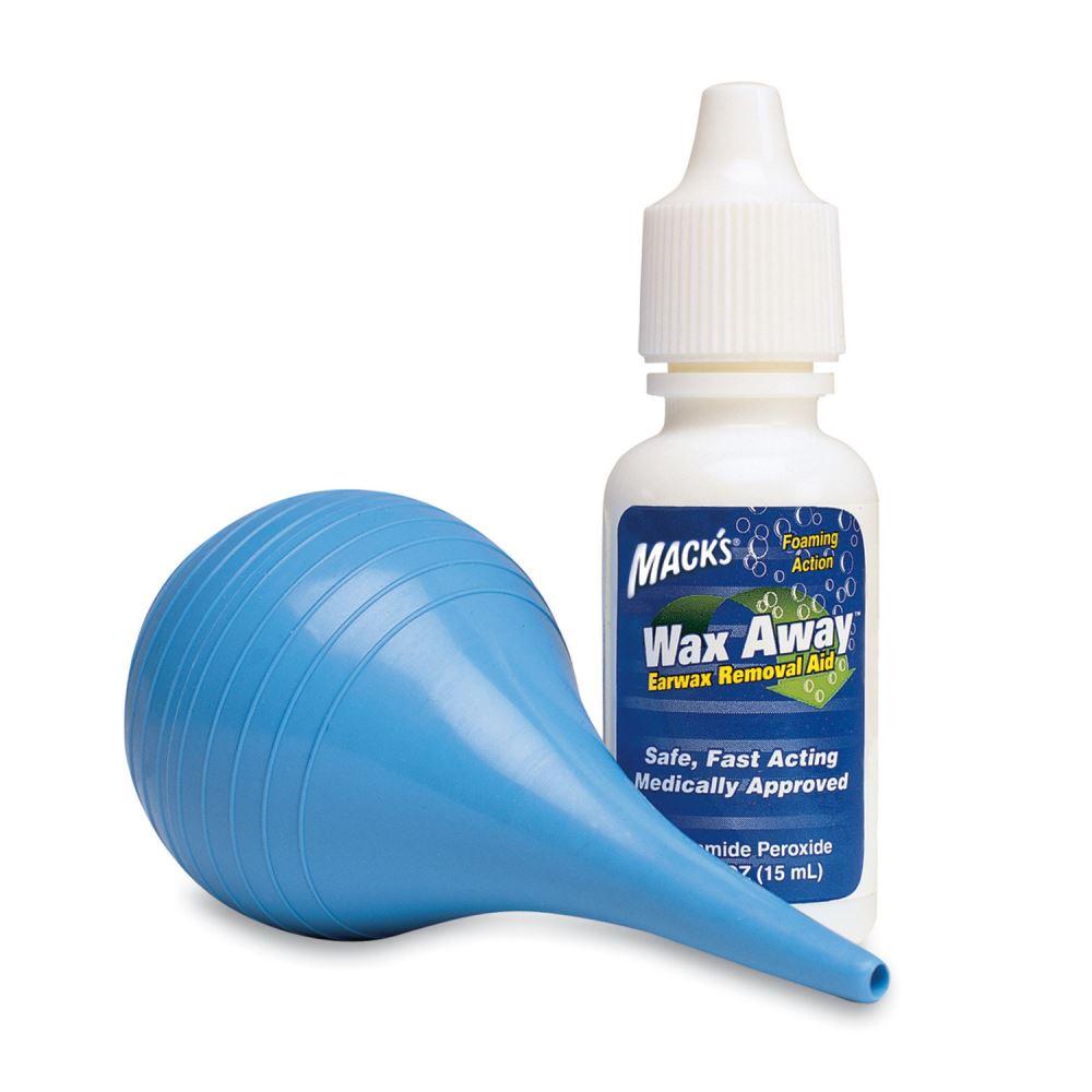 Mack's Wax Away ear drops with a soft rubber bulb ear washer